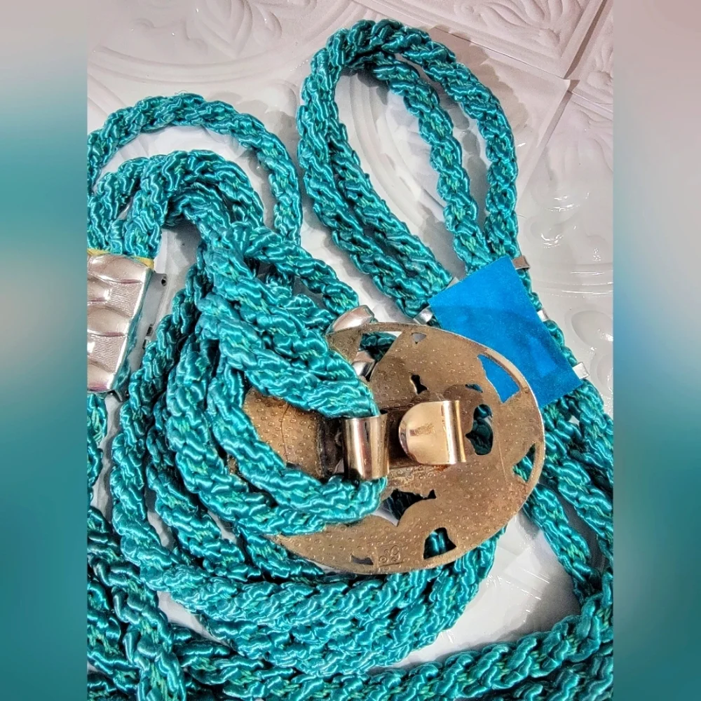 Vintage Sea Gem Floral Cloisonne Buckle Teal Braided Rope Belt